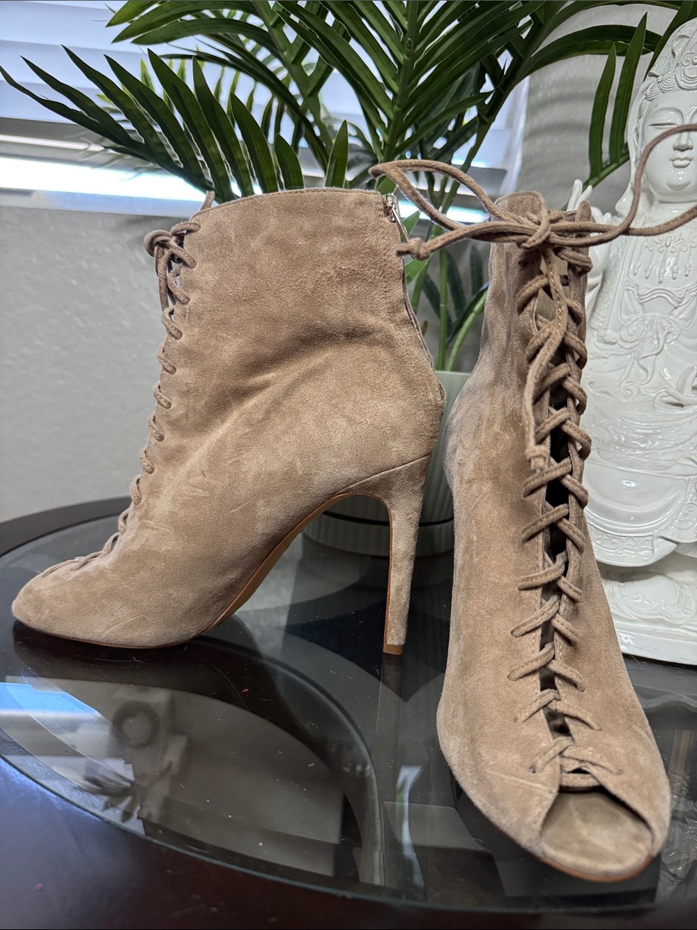 Vince Camuto Suede Lace-Up Peep-Toe Ankle Boots in Taupe “Kelby”